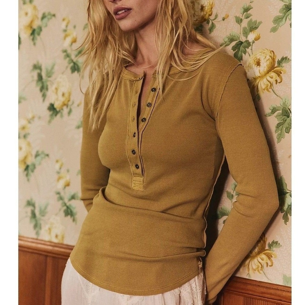 Free People Jaime Long-Sleeve Henley, Dried Tobacco, XS (0-2), BNWT